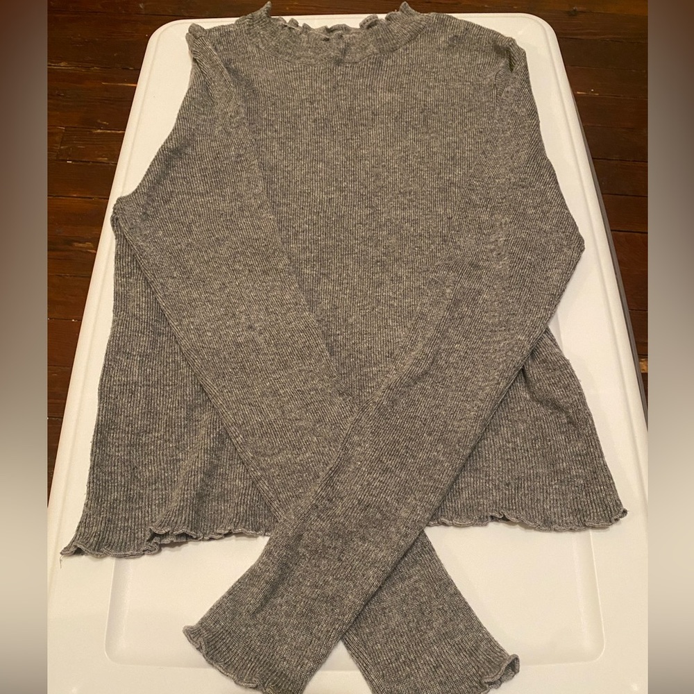 Gray Mock Neck, Lettuce Trim Sweater